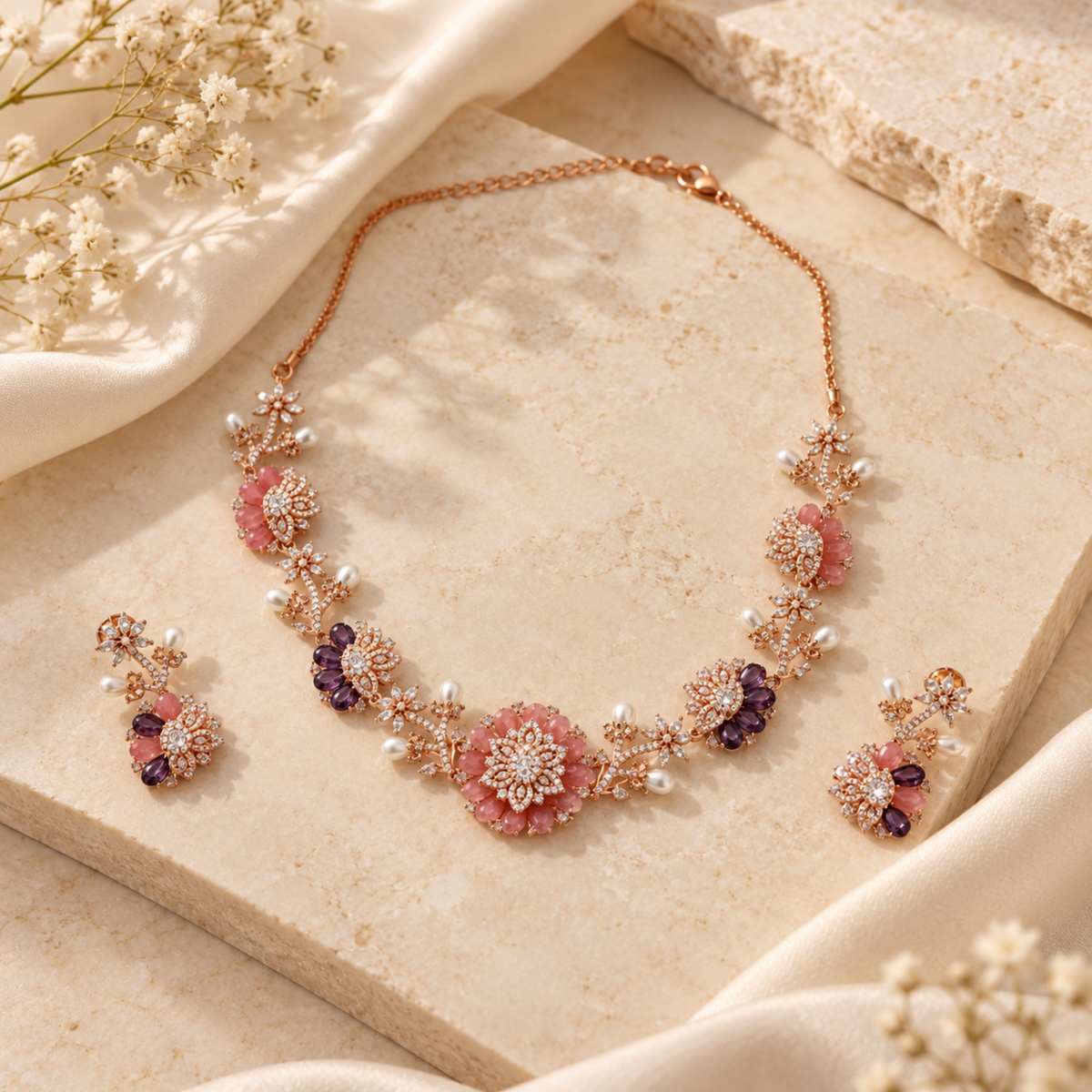 Blush Floral Rose-Tone Necklace Set