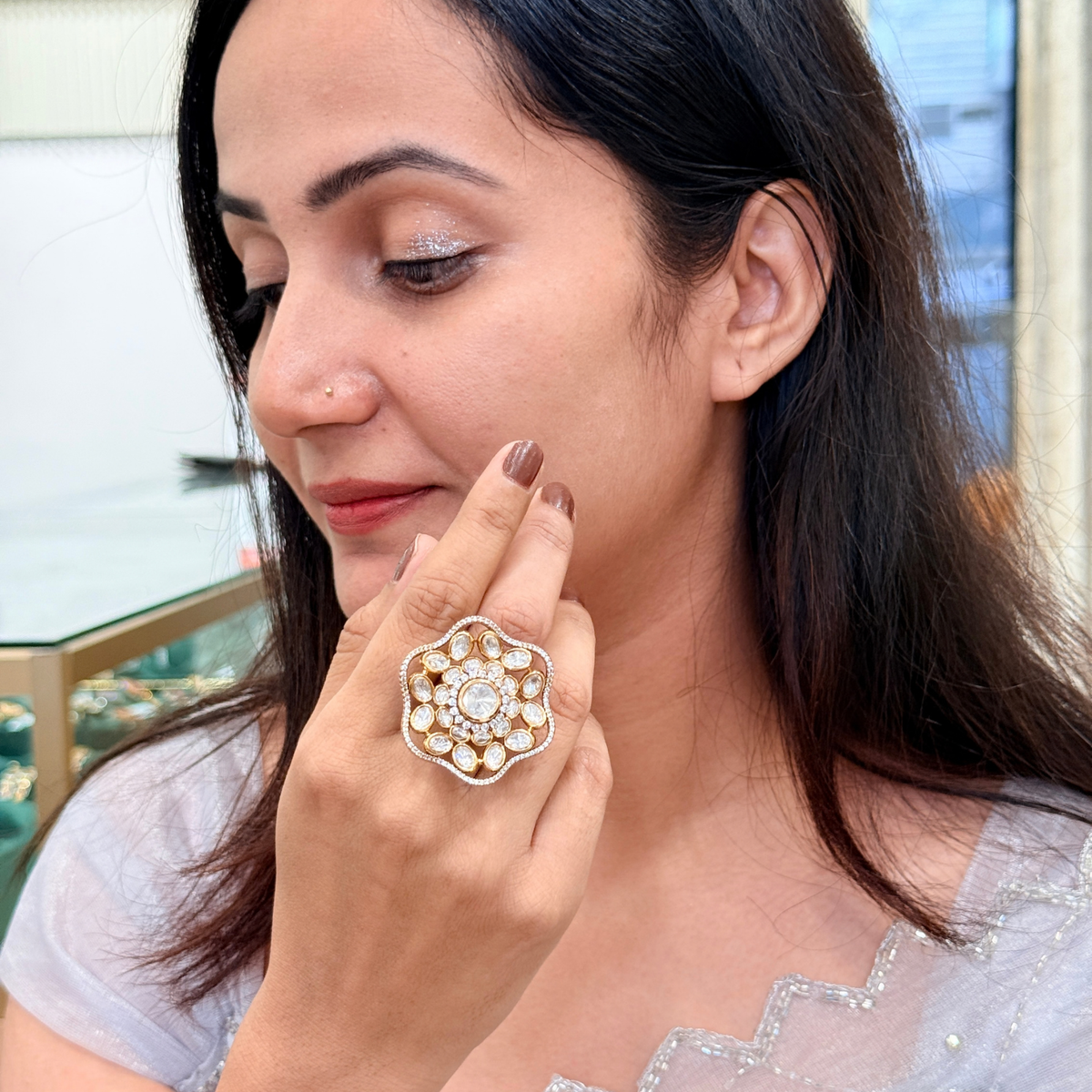 Aanya Floral Kundan-Inspired Adjustable Ring