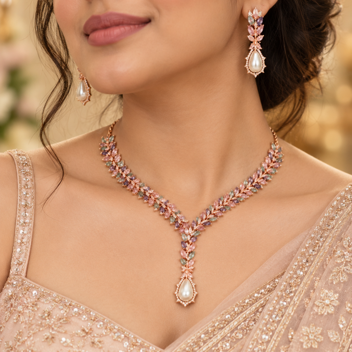 Pastel Leaf Pearl-Drop Necklace Set