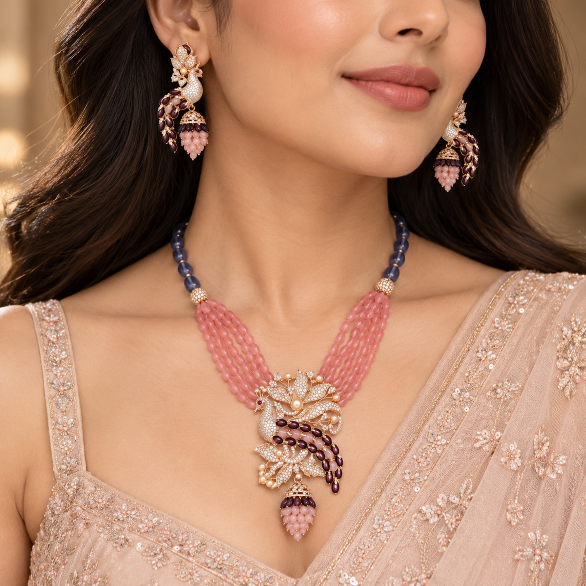 Peacock Motif Beaded Necklace Set