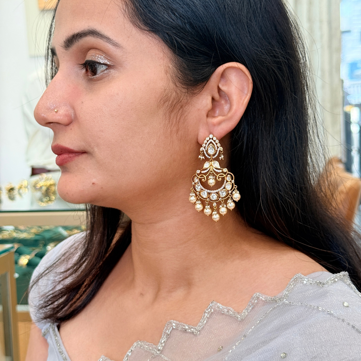 Kundan-Inspired Pearl-Style Chandbali Earrings
