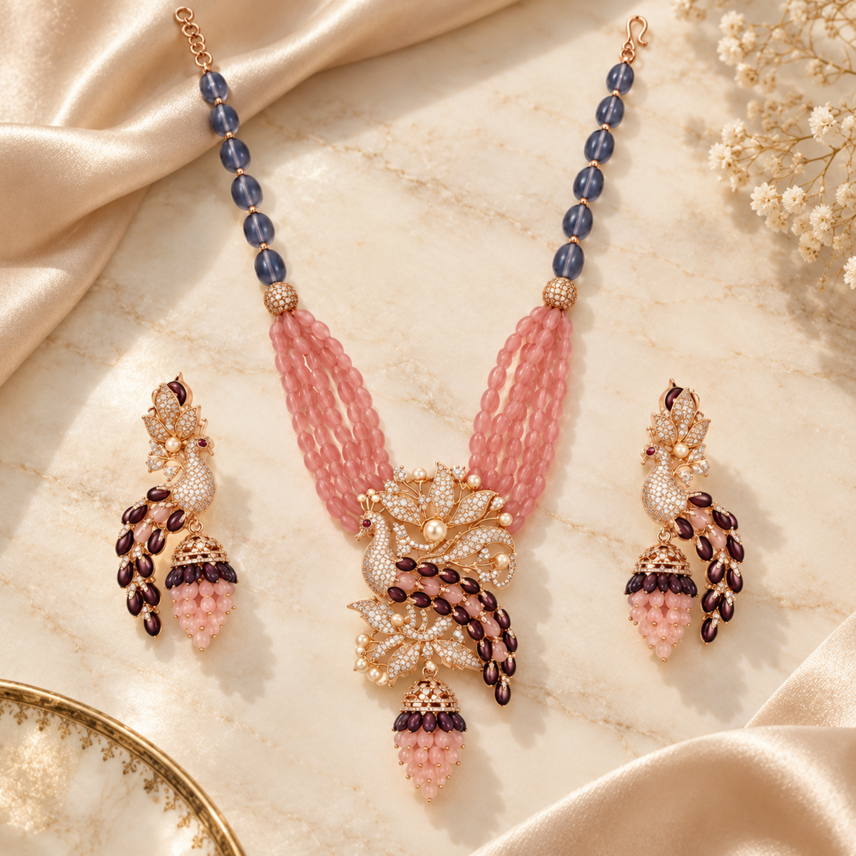 Peacock Motif Beaded Necklace Set