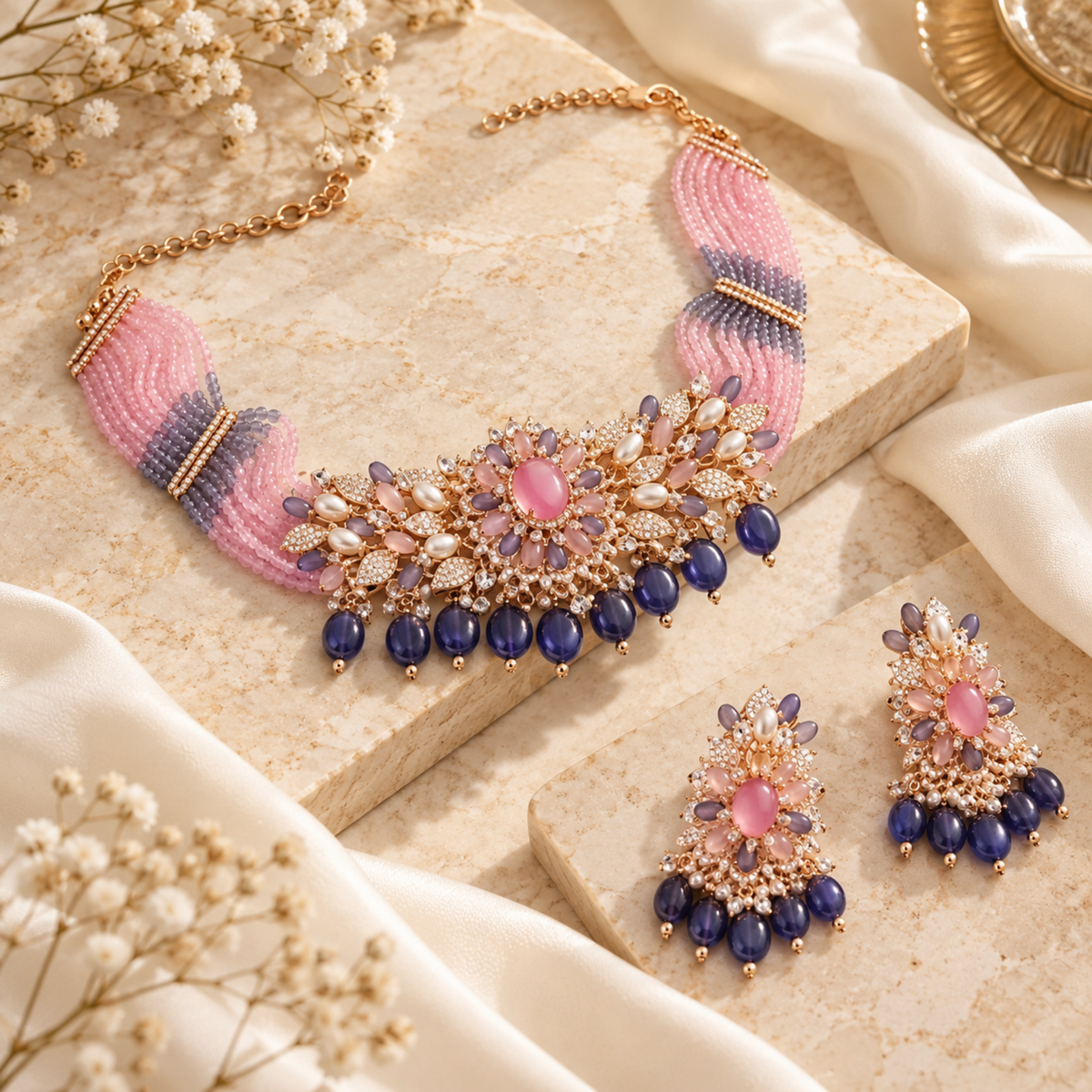 Blush Mauve Floral Choker Set