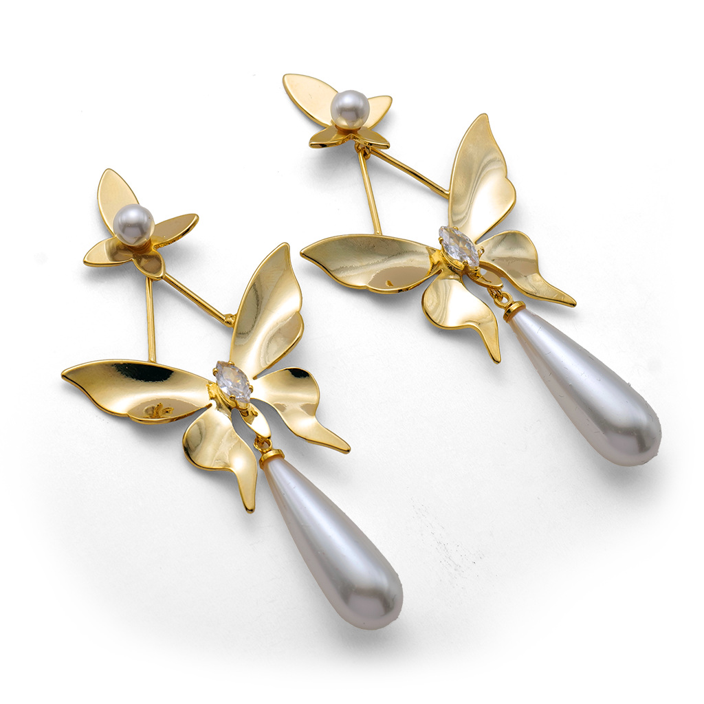 Golden Butterfly Pearl Drop Earrings