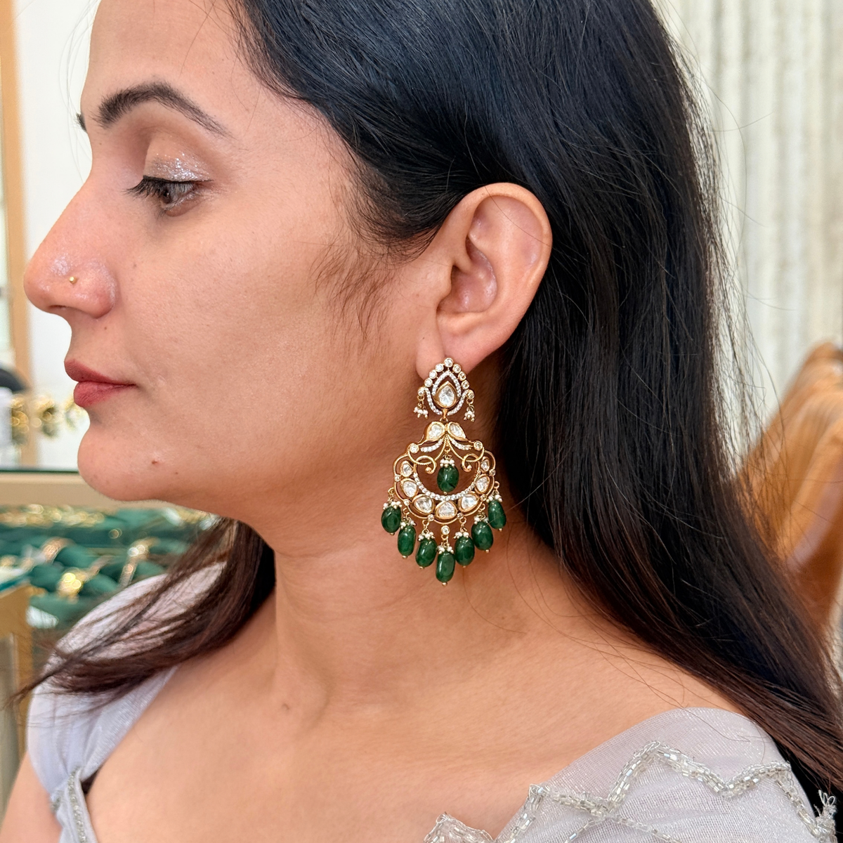 Kundan-Inspired Pearl-Style Chandbali Earrings