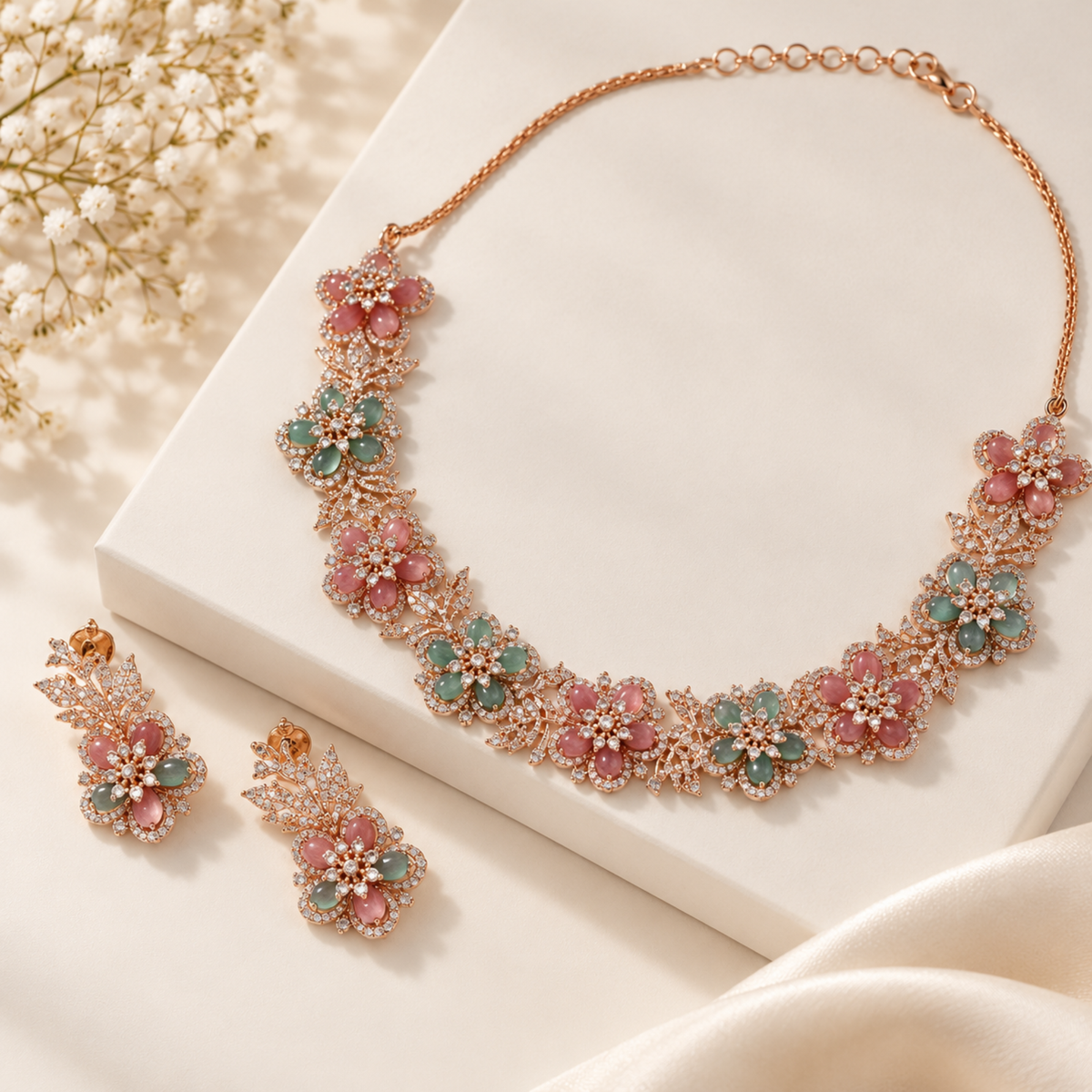 Rose-Tone Floral Necklace Earring Set