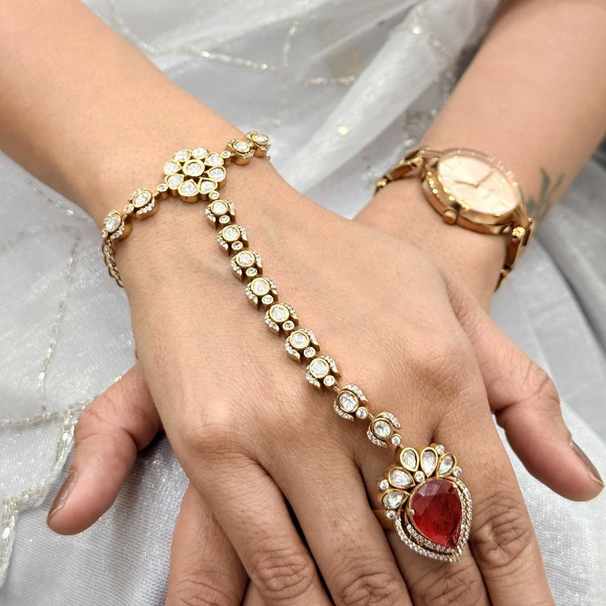 Dua Red Polki-Inspired Hathphool