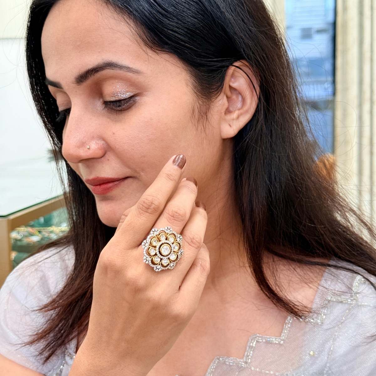 Kundan-Inspired Floral Adjustable Ring
