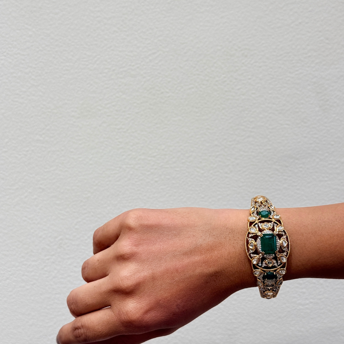 Emerald Green & White Stone Statement Bracelet