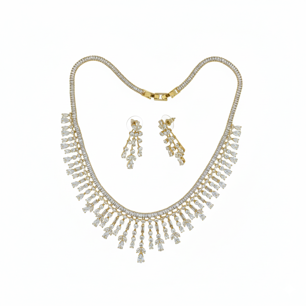Luxury Diamond-Style Fringe Necklace Set with Dangle Earrings