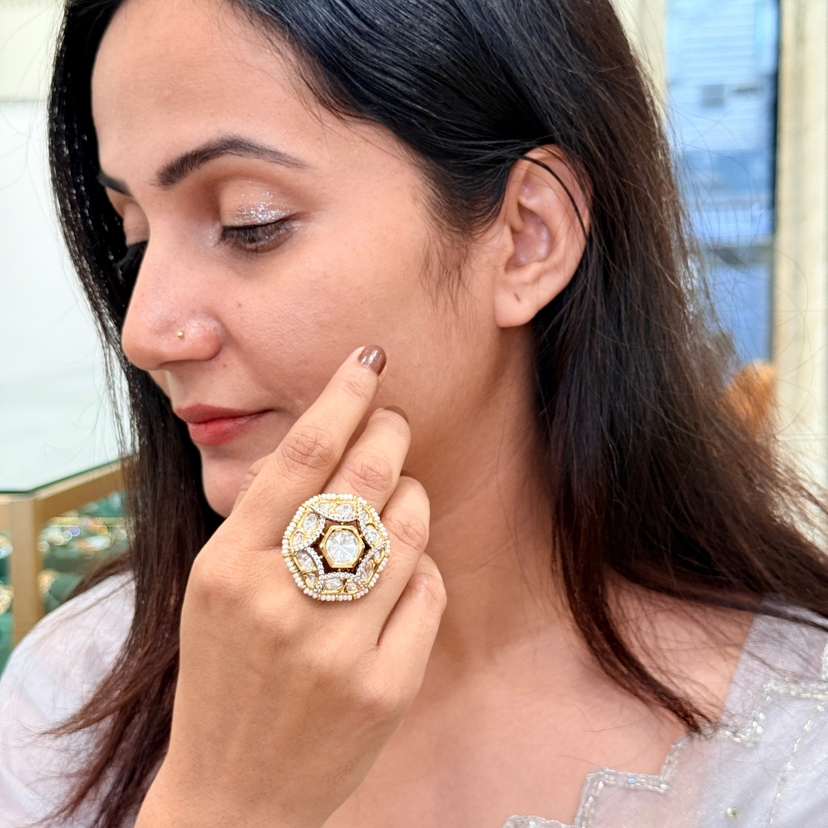 Kundan-Inspired Pearl-Style Adjustable Statement Ring