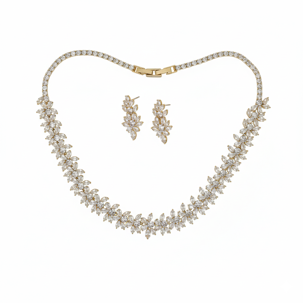 Elegant Floral Diamond Necklace & Earring Set in Gold