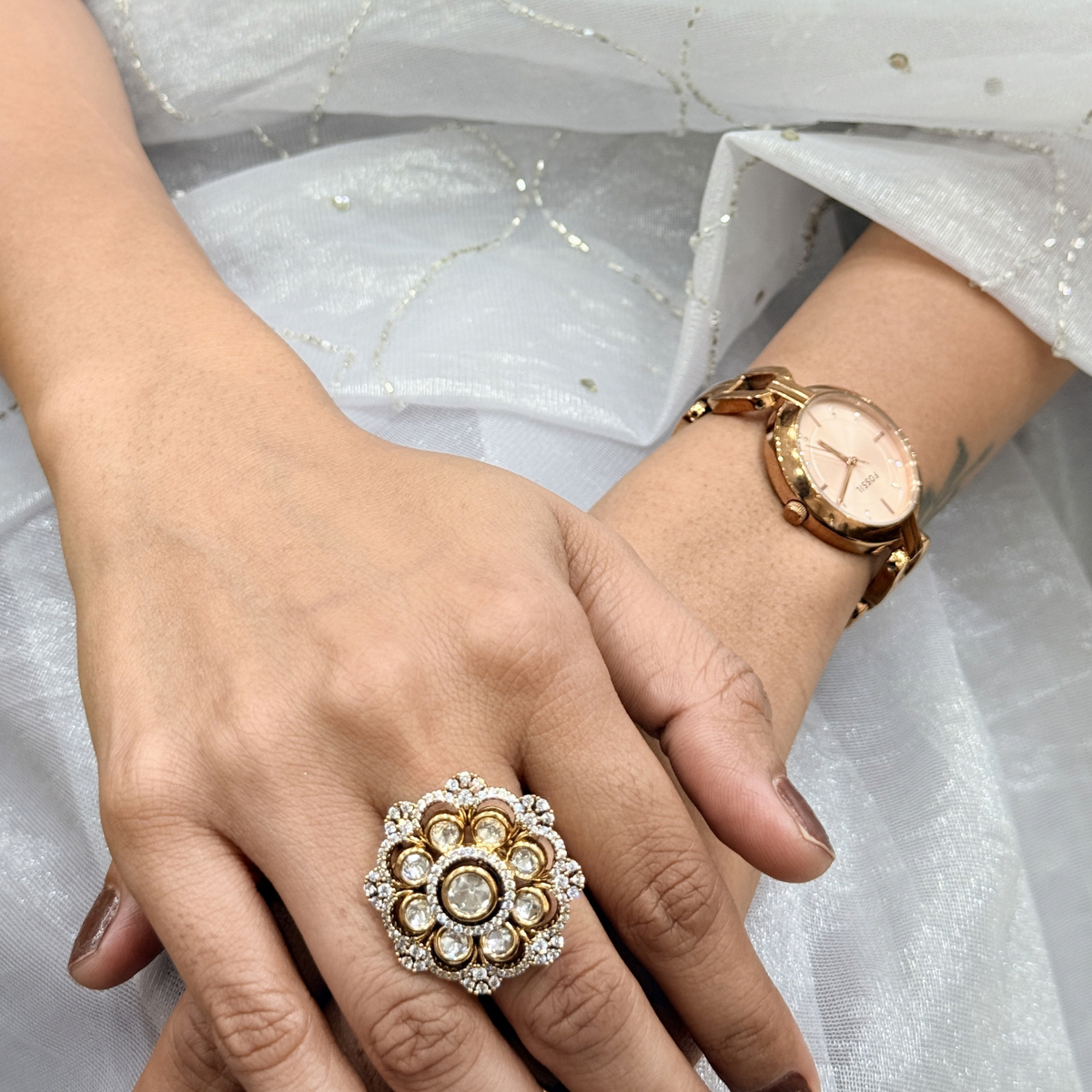 Kundan-Inspired Floral Adjustable Ring