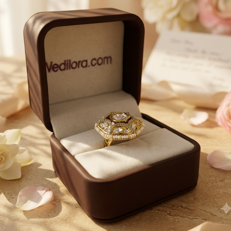 Vedilora Kundan Pearl Statement Ring – Gold-Tone Designer Ring Size: Free Size / Adjustable