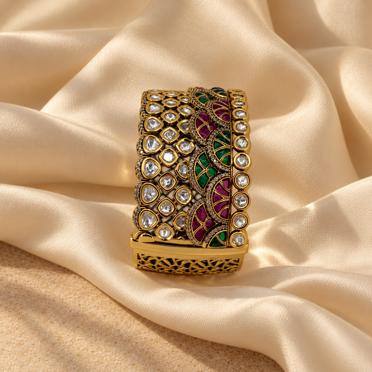 Emerald Green & Ruby Floral Statement Bracelet