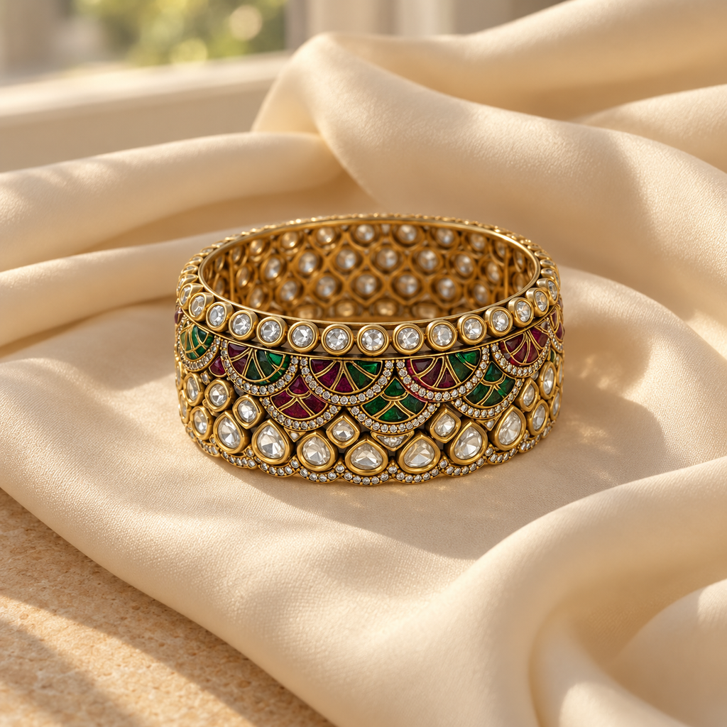 Emerald Green & Ruby Floral Statement Bracelet
