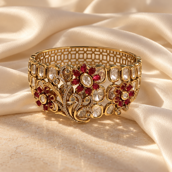 Ruby Red & White Stone Floral Statement Bracelet