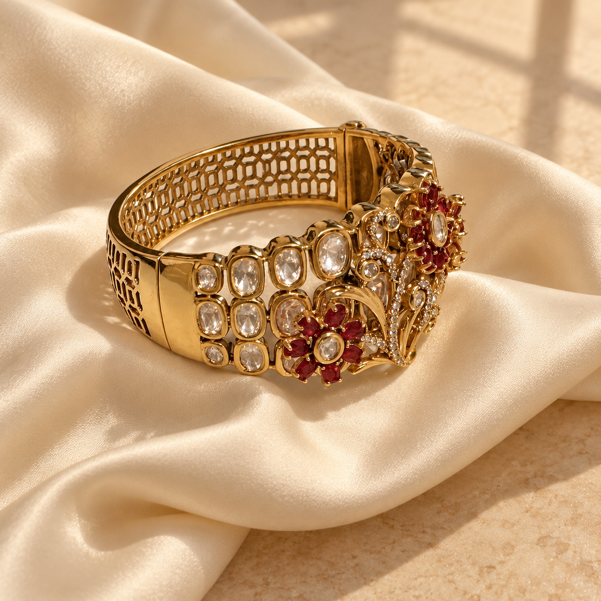 Ruby Red & White Stone Floral Statement Bracelet