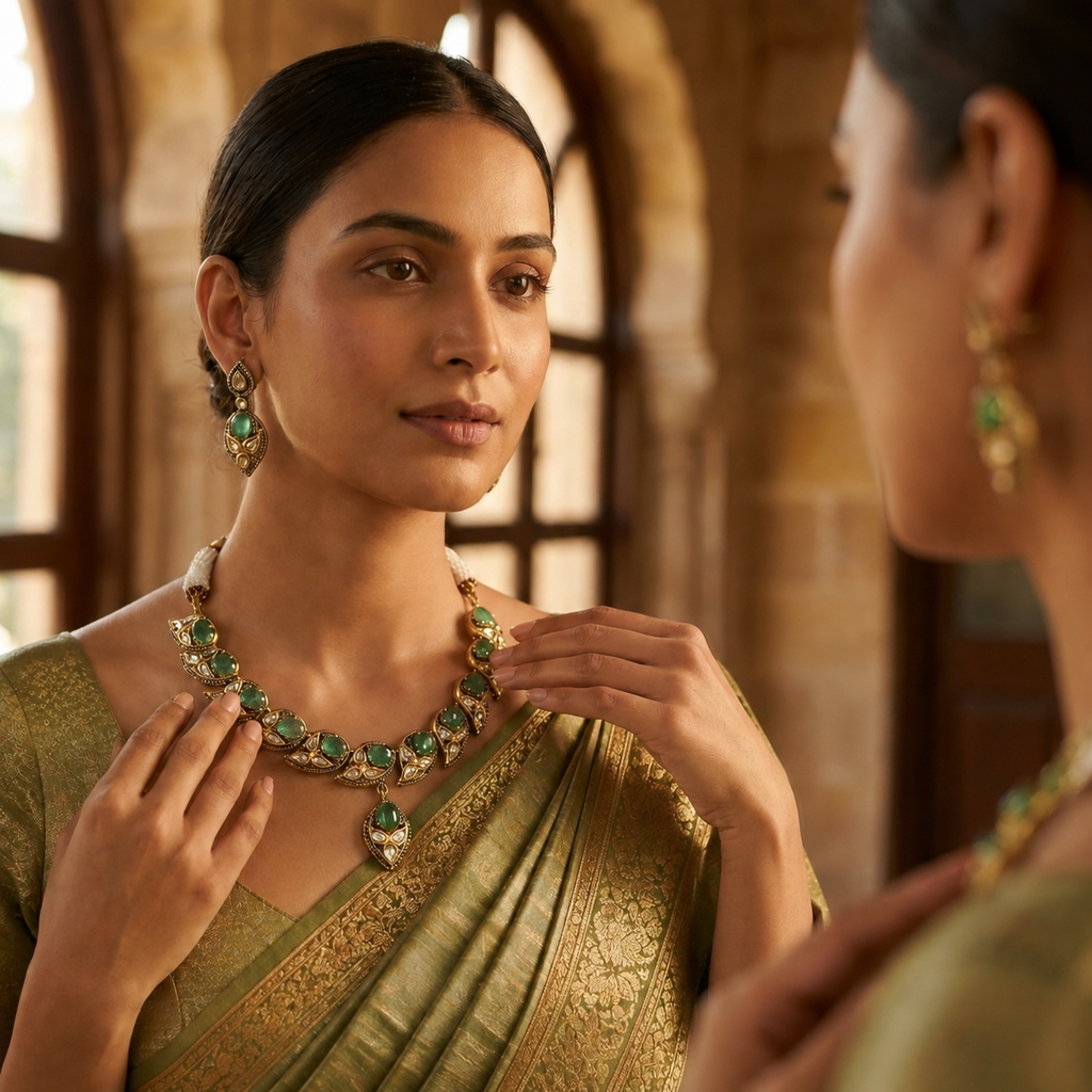 Mint Green Kundan-Inspired Necklace & Earrings Set