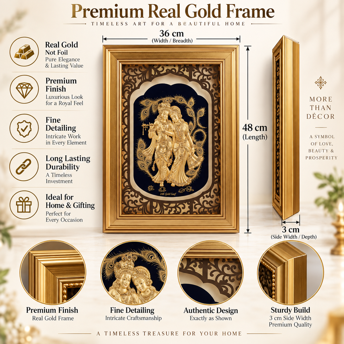 Radha Krishna 24K Real Gold Foil Decorative Frame