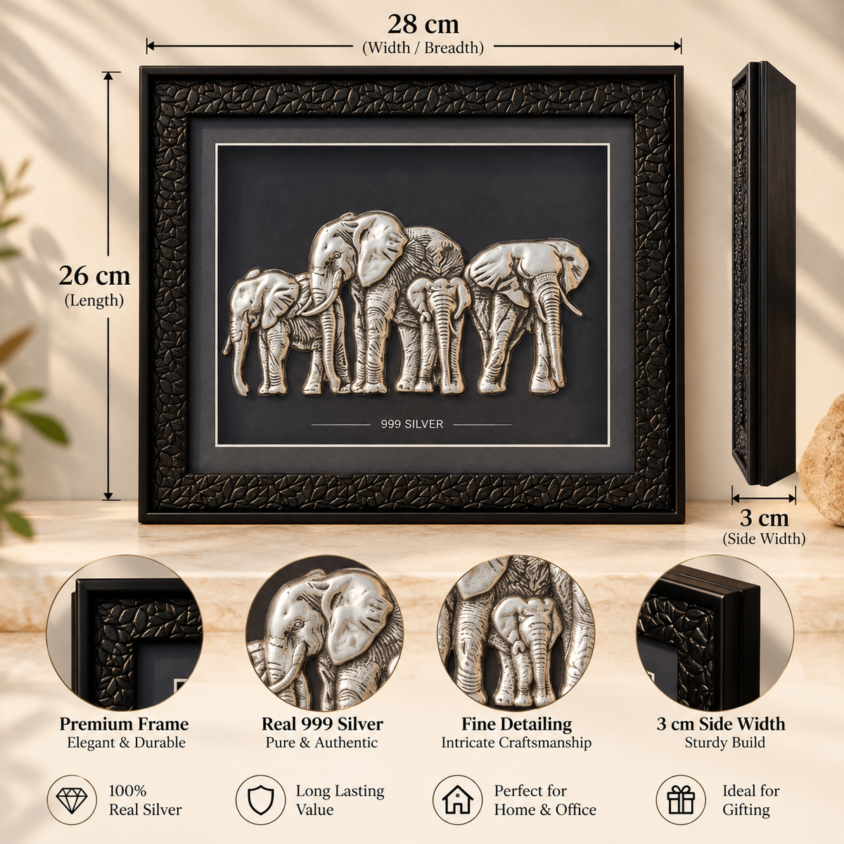 Elegant Elephant Family 999 Silver Foil Art Frame