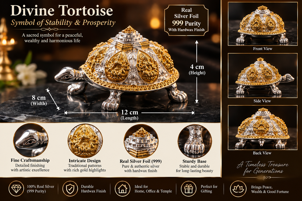 999 Pure Silver Plated Shree Yantra Vastu Tortoise Idol | Ashta Lakshmi Tortoise for Home & Office | Feng Shui Wealth Turtle | Metal Decorative Showpiece | Good Luck, Prosperity & Stability Gift |