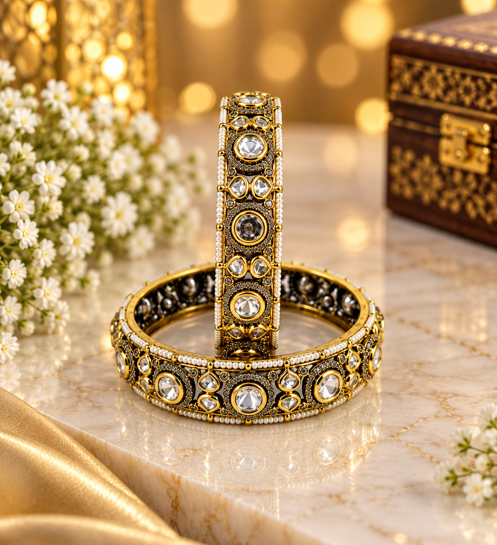 Royal Kundan Heritage Bangles – Elegant Gold-Tone Statement Set