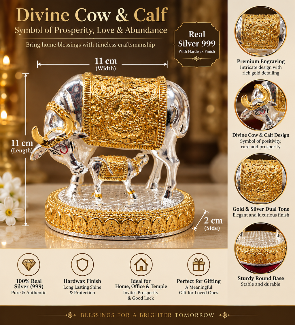 24K Gold plated and 999 Pure Silver Plated Kamdhenu Cow Idol - 6 Inch, Auspicious Vastu Home Decor for Pooja Room and Mandir I A Home Decore & Spiritual Gift