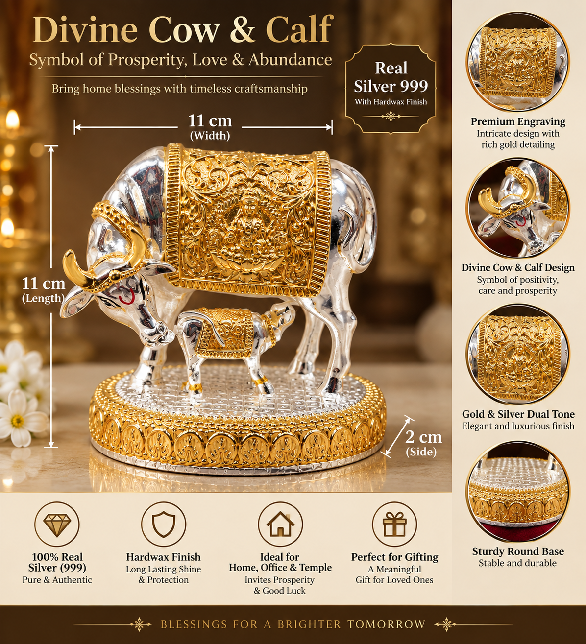 24K Gold plated and 999 Pure Silver Plated Kamdhenu Cow Idol - 6 Inch, Auspicious Vastu Home Decor for Pooja Room and Mandir I A Home Decore & Spiritual Gift