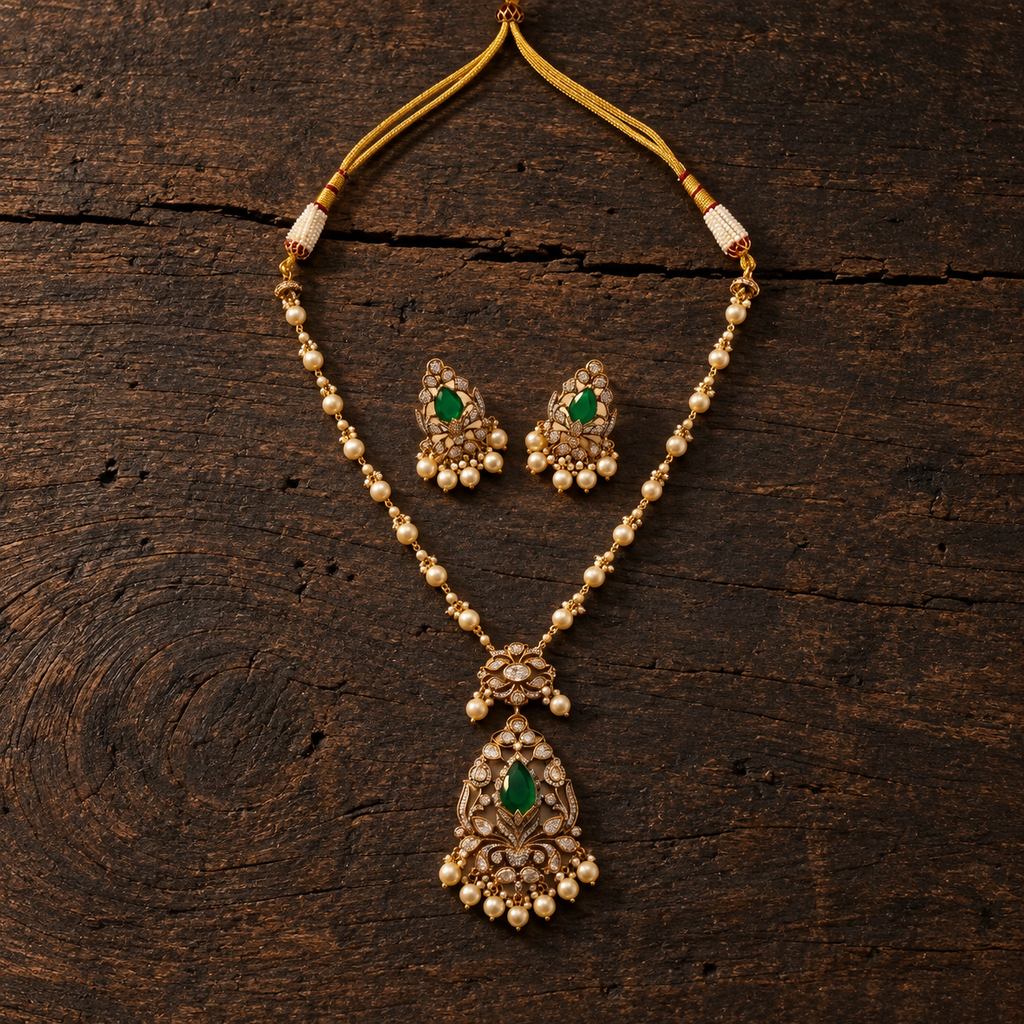 Vedilora® Premium Polki Pearl Necklace Set with Green Stones & Matching Earrings | Bridal & Festive Jewellery
