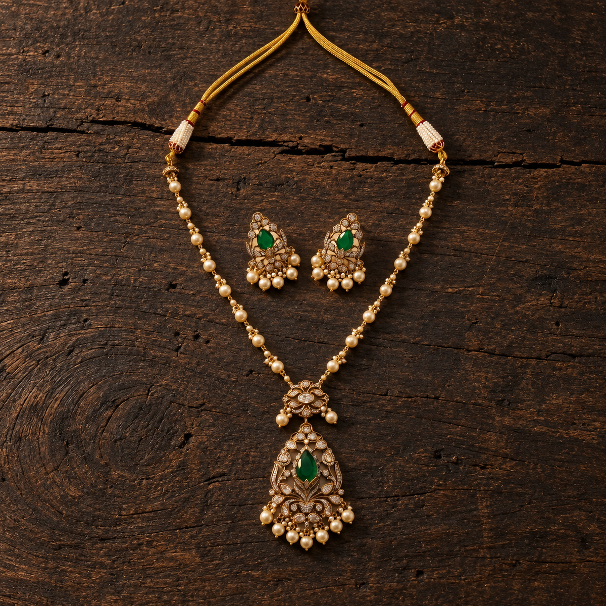 Vedilora® Premium Polki Pearl Necklace Set with Green Stones & Matching Earrings | Bridal & Festive Jewellery
