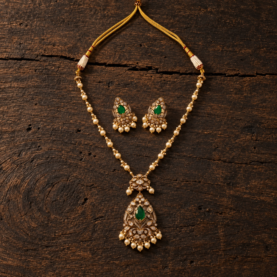 Vedilora® Premium Polki Pearl Necklace Set with Green Stones & Matching Earrings | Bridal & Festive Jewellery