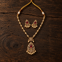 Vedilora® Premium Polki Pearl Necklace Set with Red Stones & Matching Earrings | Bridal & Festive Jewellery