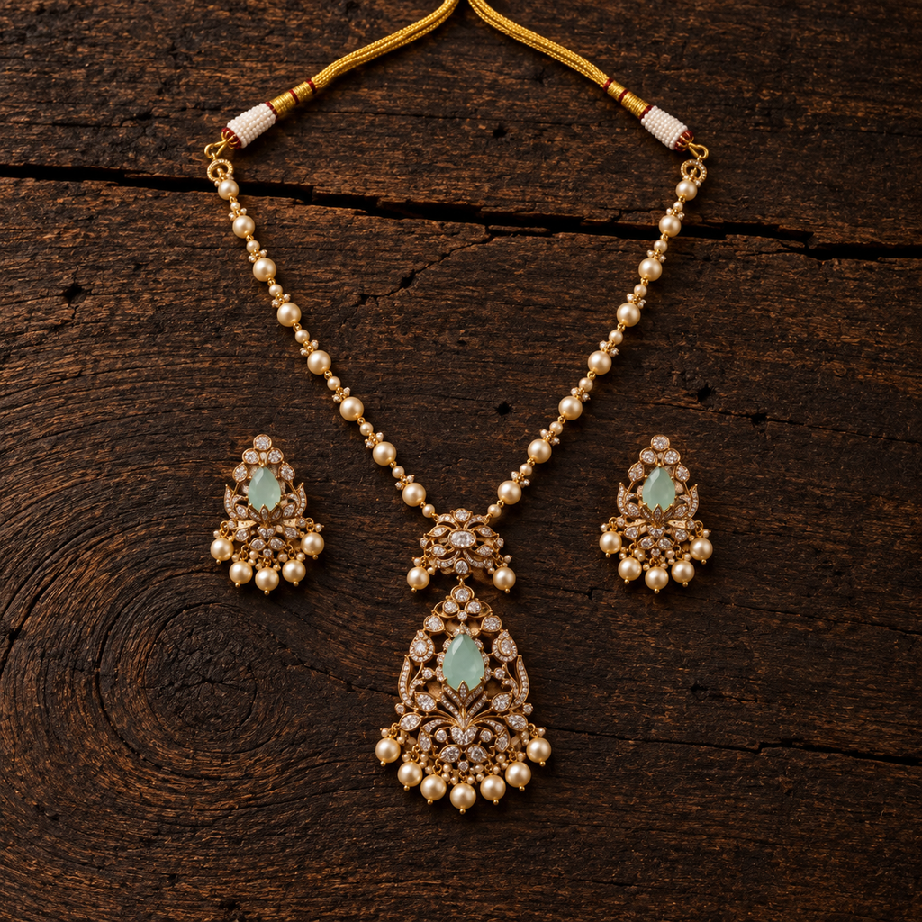 Vedilora® Premium Polki Pearl Necklace Set with Stones & Matching Earrings | Bridal & Festive Jewellery