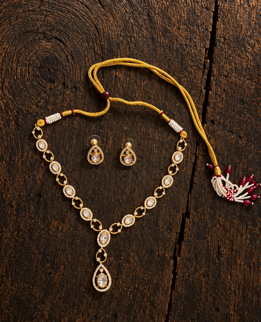 Vedilora® Premium Polki-Inspired CZ Necklace Set with Matching Earrings | Gold-Tone Bridal & Festive Jewellery