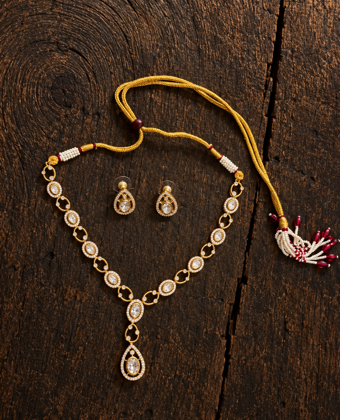 Vedilora® Premium Polki-Inspired CZ Necklace Set with Matching Earrings | Gold-Tone Bridal & Festive Jewellery