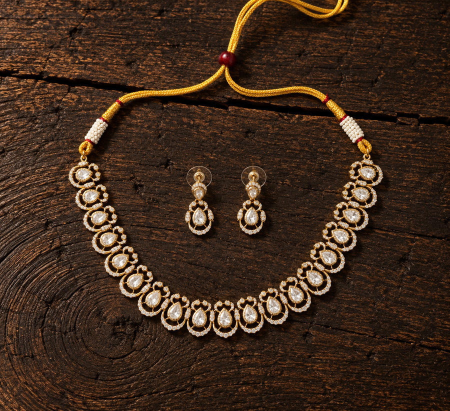 Vedilora® Premium Teardrop CZ Necklace Set with Matching Earrings | Gold-Tone Bridal & Festive Jewellery