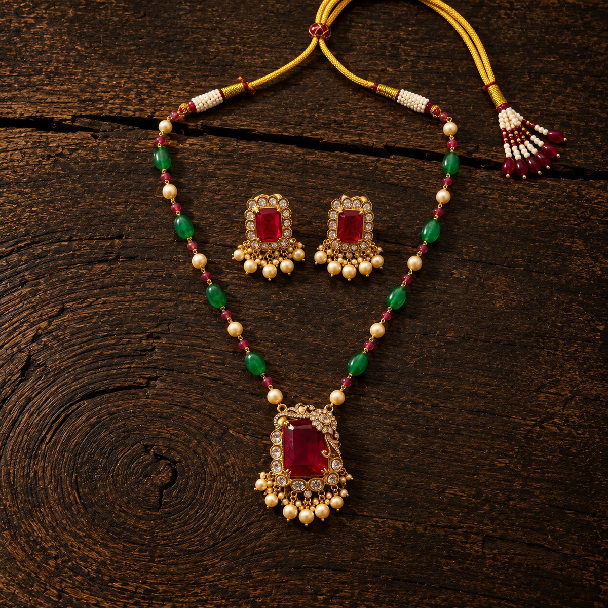 Vedilora® Royal Green & Red Traditional Necklace Set with Matching Earrings