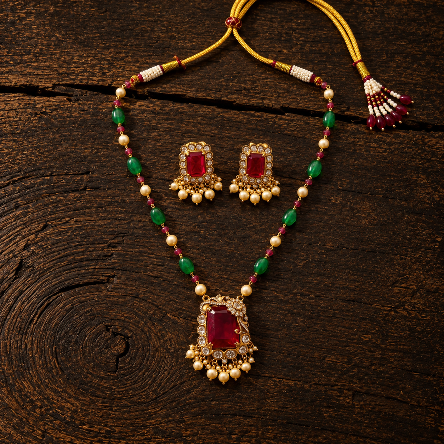 Vedilora® Royal Green & Red Traditional Necklace Set with Matching Earrings