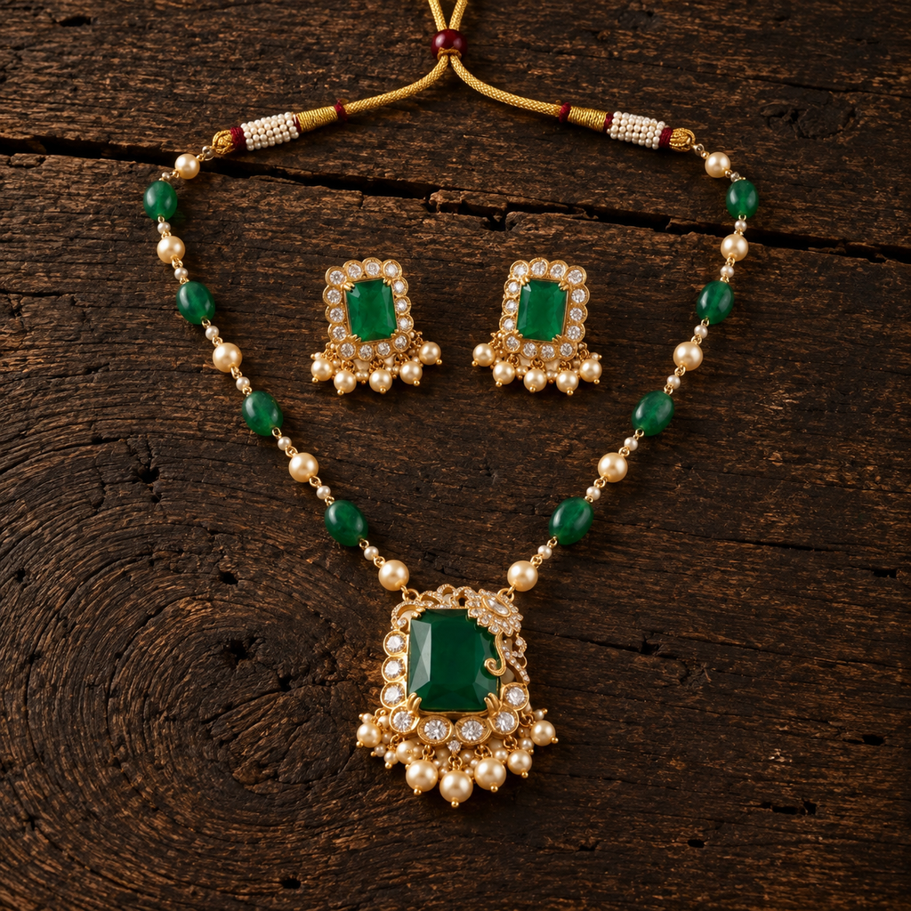 Vedilora® Royal Green & Red Traditional Necklace Set with Matching Earrings