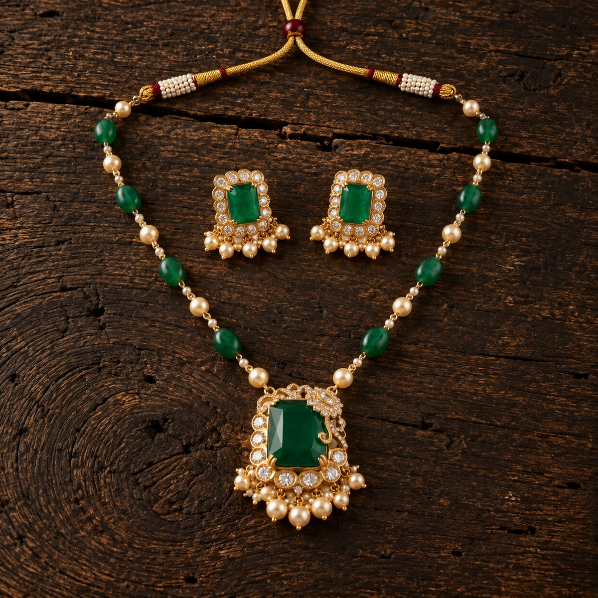 Vedilora® Royal Green & Red Traditional Necklace Set with Matching Earrings