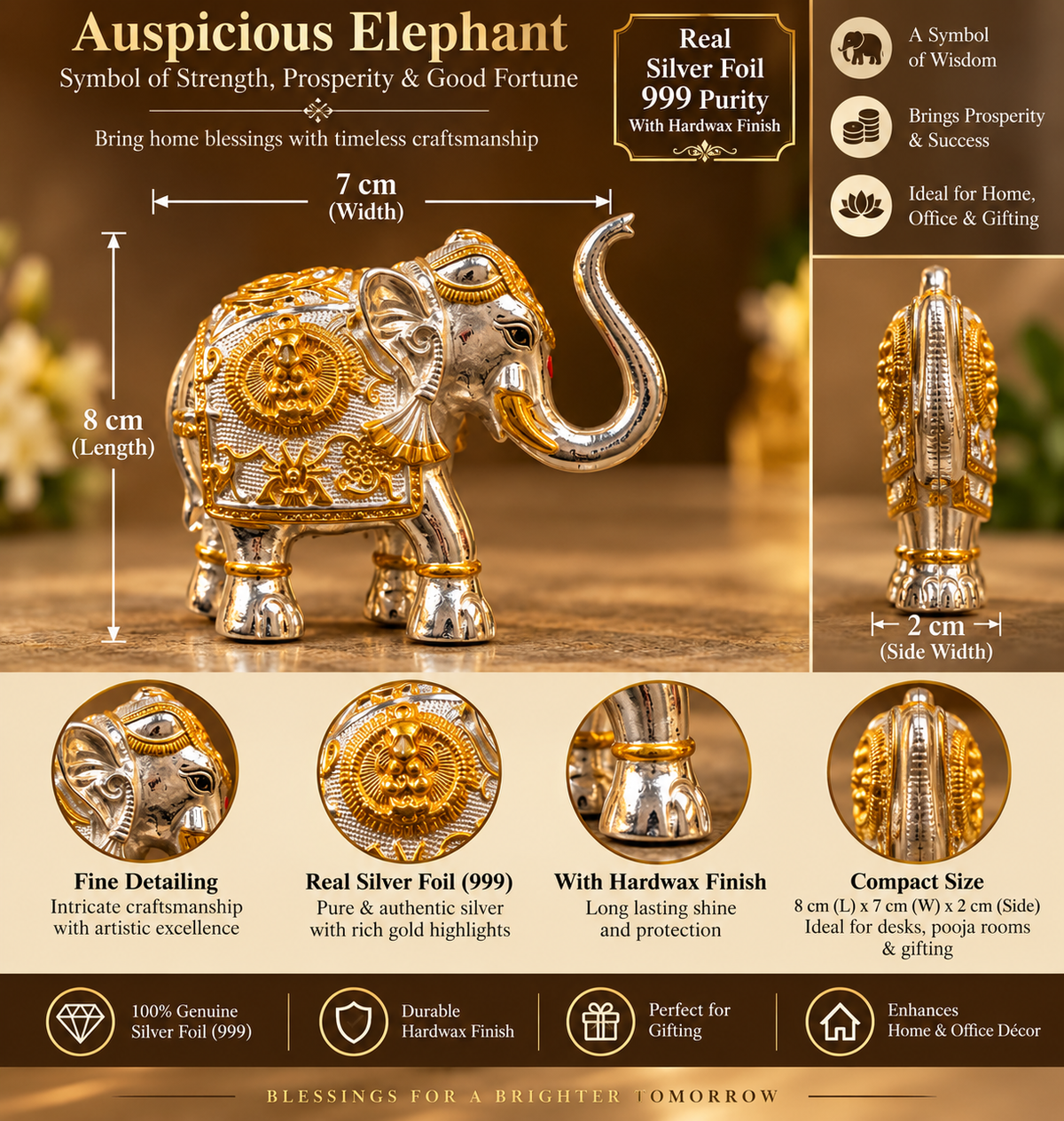 Royal Elephant Pair – Hardwax Base with 999 Silver Foil Coating