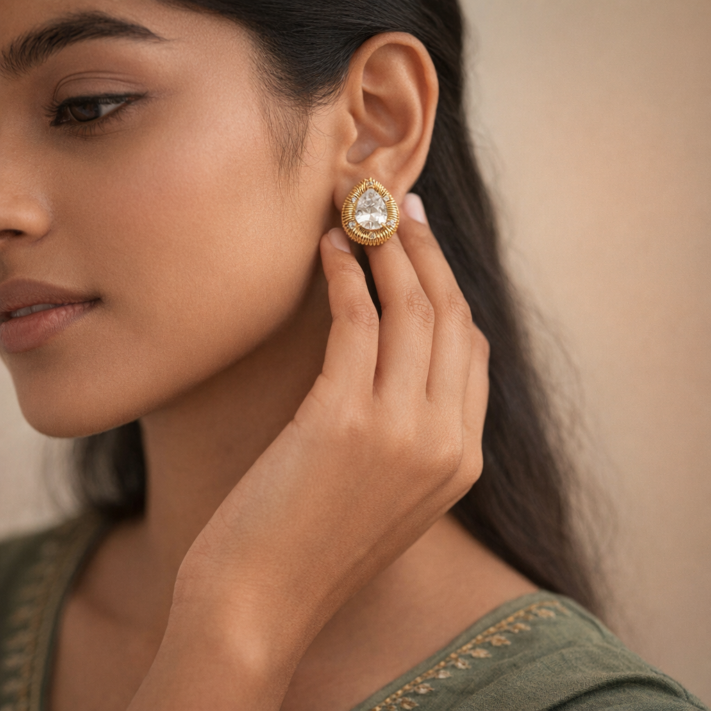 Regal Teardrop Crystal Golden Stud Earrings