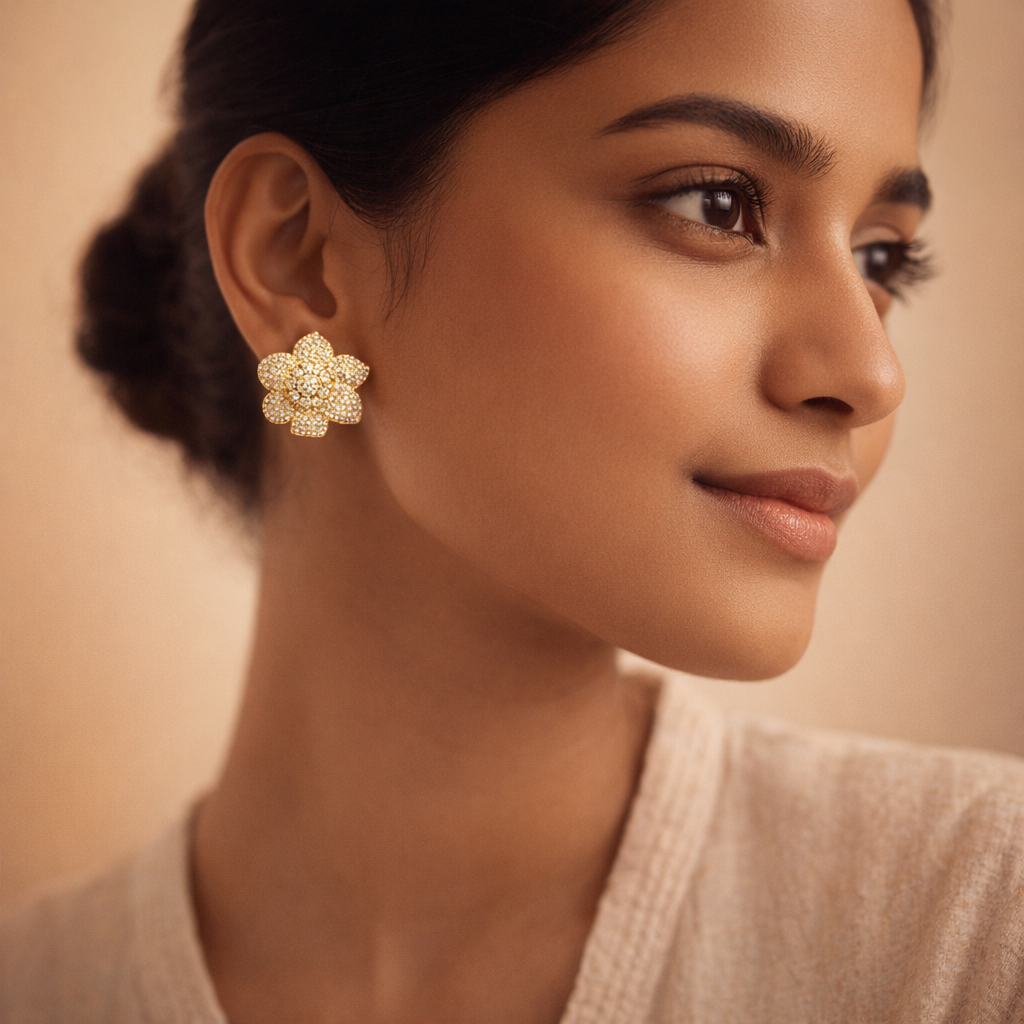 Golden Bloom Pavé Flower Stud Earrings