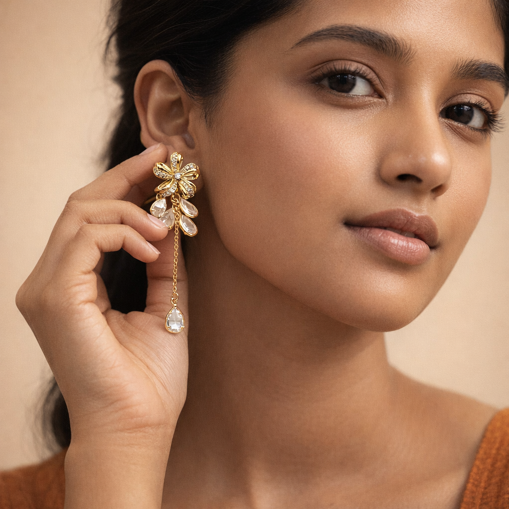 Golden Crystal Flower & Teardrop Cascade Earrings