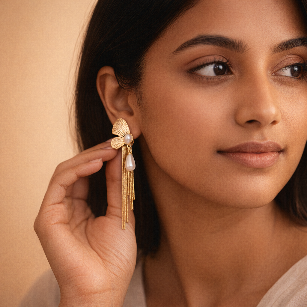 Ethereal Gilded Wing & Pearl Tassel Earrings
