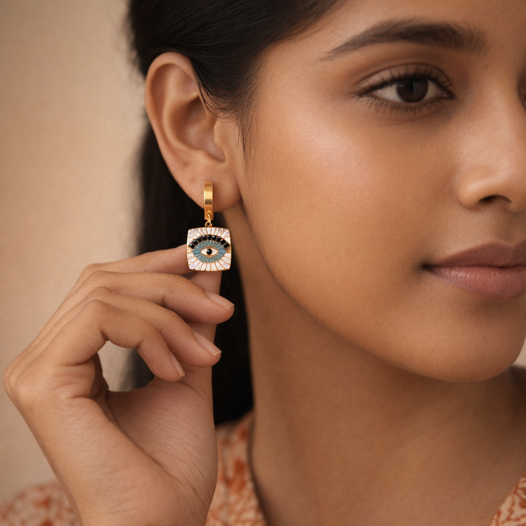 Enamel Evil Eye Square Drop Earrings