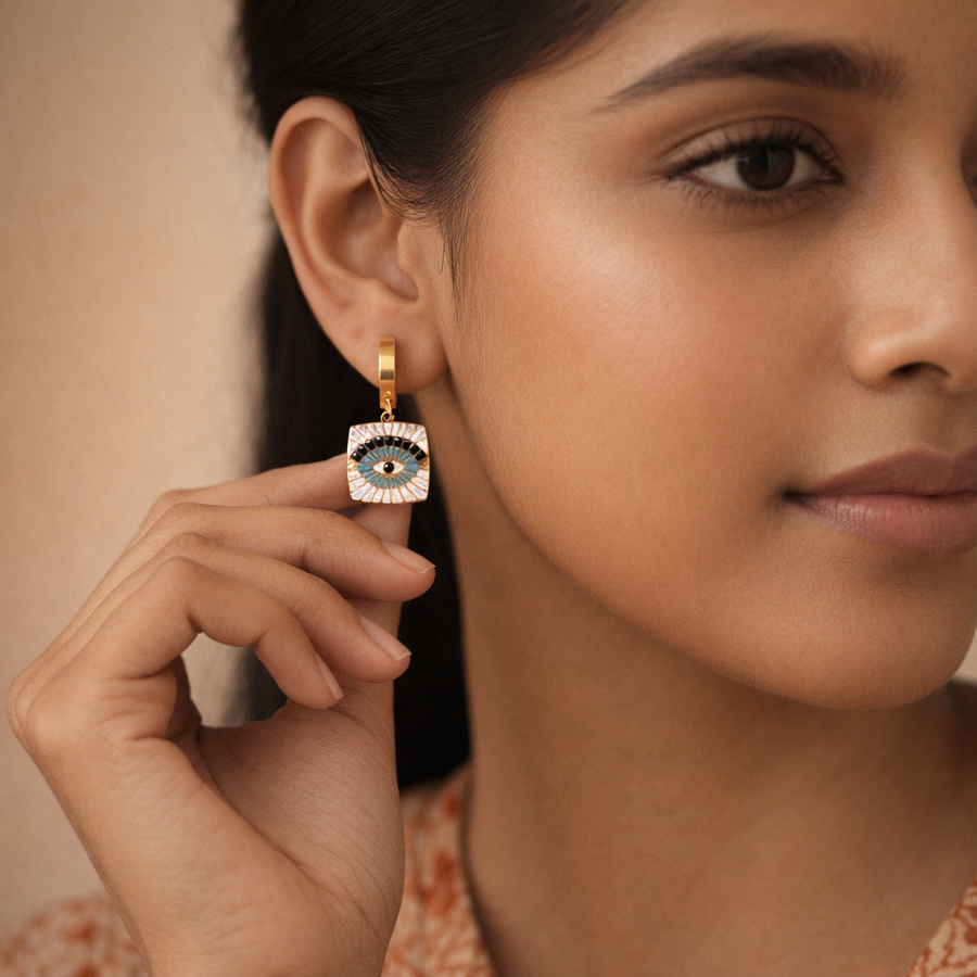 Enamel Evil Eye Square Drop Earrings