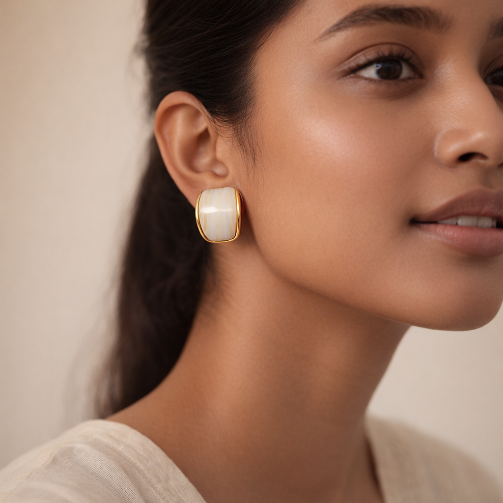 Ivory Glow Golden Trim Stud Earrings