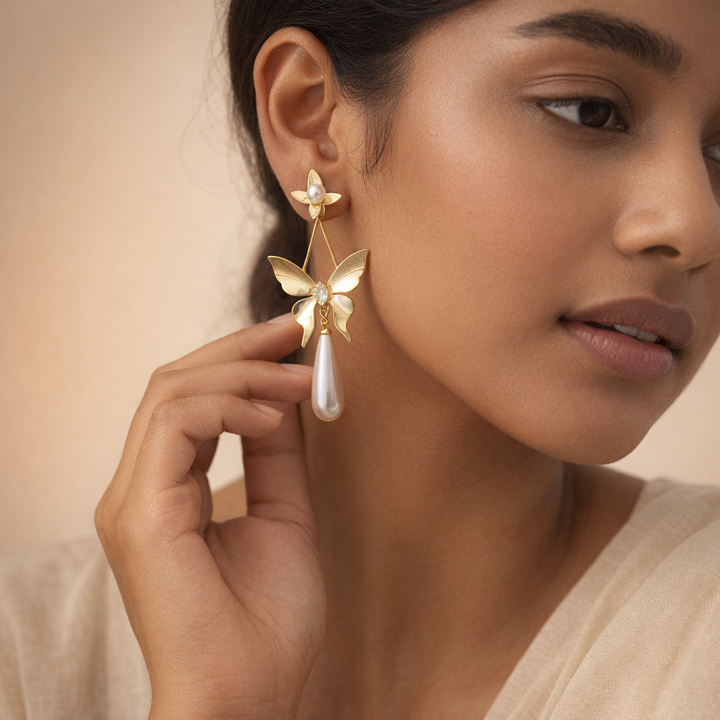 Golden Butterfly Pearl Drop Earrings